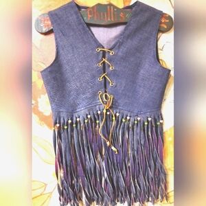 70's Hippie Fringe Denim Woodstock Boho Moto Biker  Lace Up Jeam Top Vest EVC 34